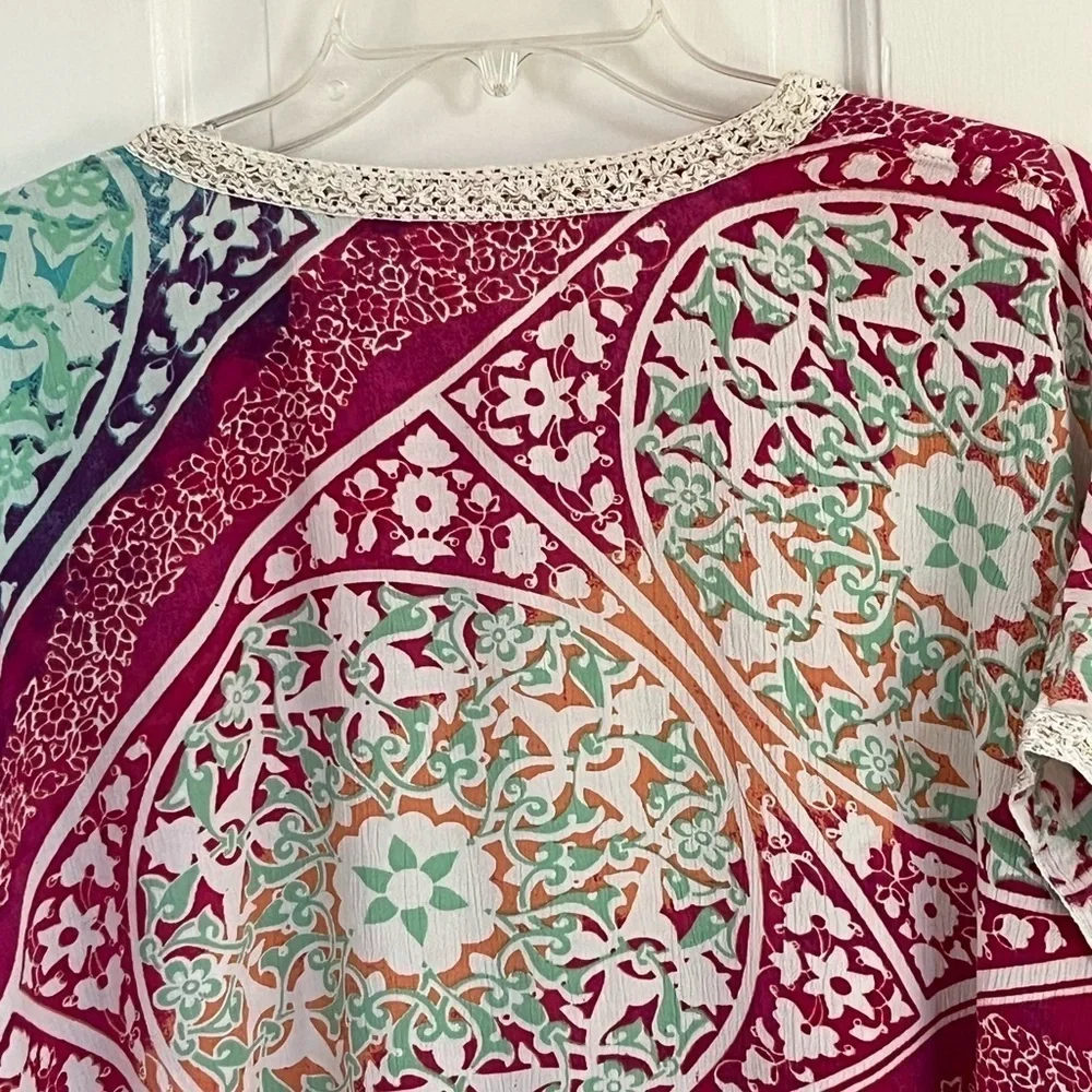 CHICO'S Semi Sheer Beaded Jeweled Embellish Neckline Poncho Topper Muted Colors